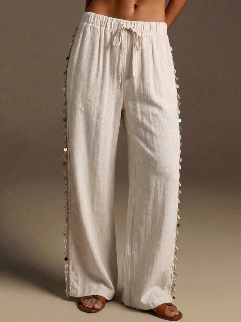 Cream Linen-Blend Wide Leg Pants with Coin Sequin Trim Sides